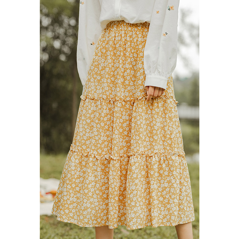 INMAN Skirt 2020 Autumn New Arrival Trendy Elegant Retro Elastic Waist Floral Flower Print A Line Mid Calf Cake Ladies Skirt