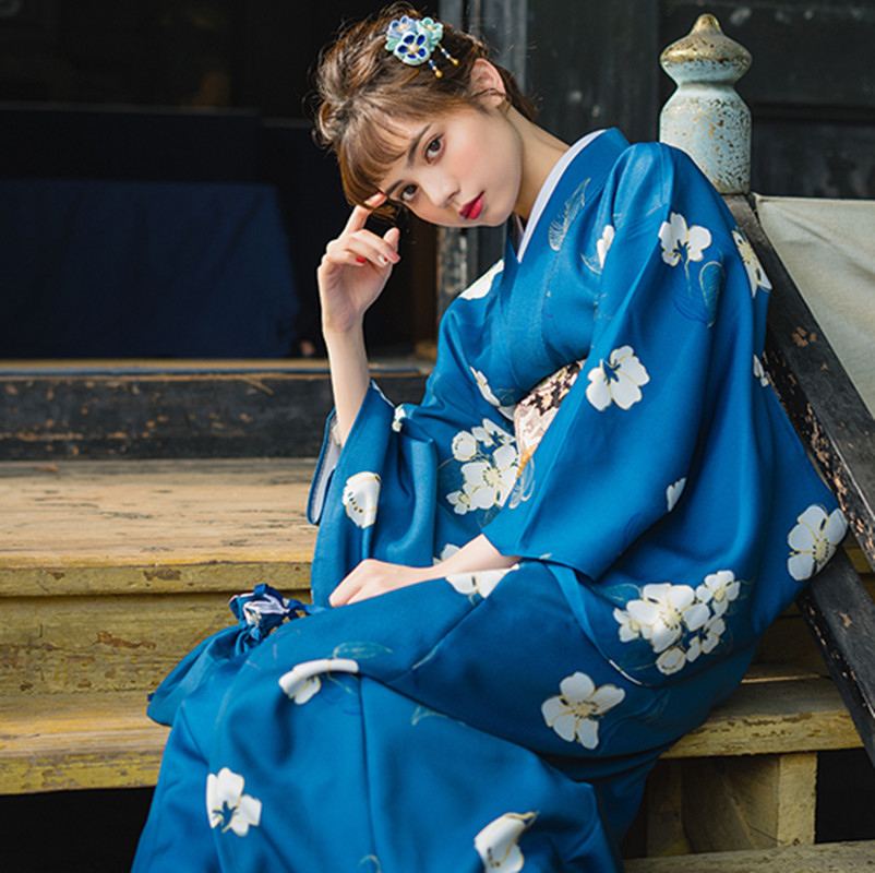 Women's Yukata Traditional Japan Kimono Robe Photography Dress Cosplay Costume Dark Blue Color flower Prints Vintage Clothing