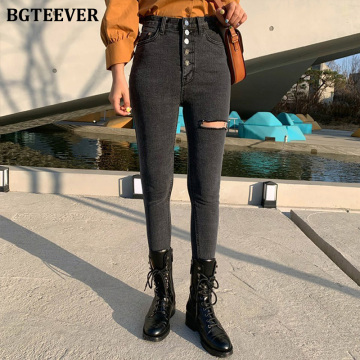 BGTEEVER High Street Buttons Women Skinny Denim Jeans 2020 New Autumn High Waist Ripped Holes Tassels Pencil Jeans Female