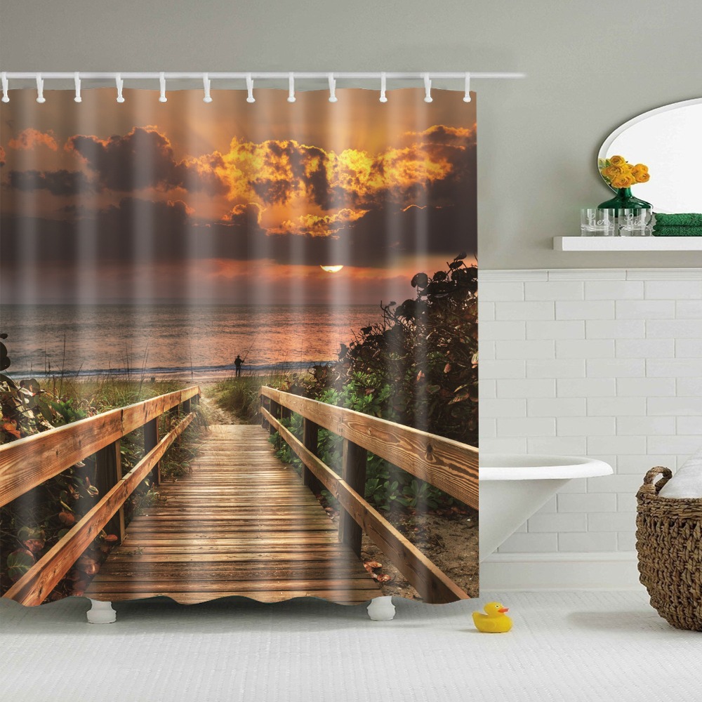 Modern Scenic Beach City Seaside Bathroom Shower Curtains Frabic Waterproof Polyester Bath Curtain With Hooks