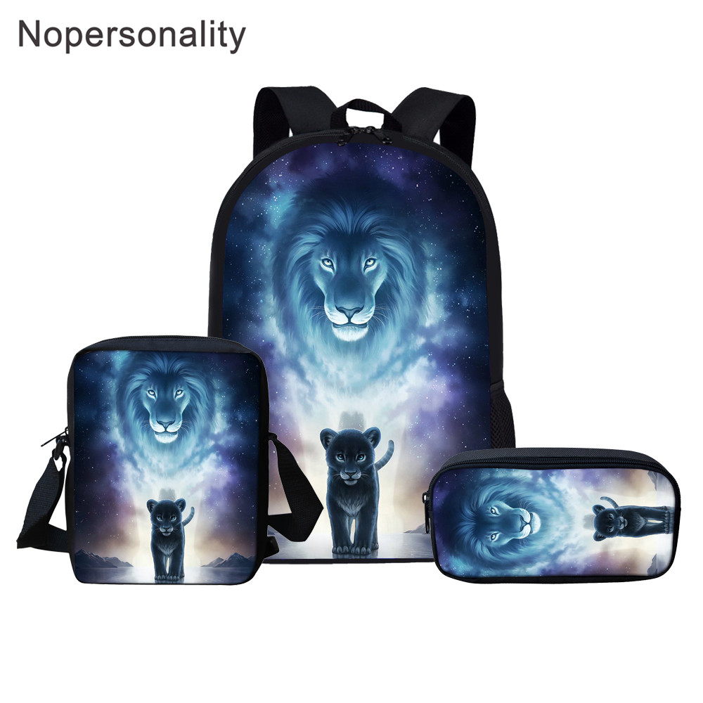 Nopersonality 3pcs/set School Bag Cool Lion Print School Backpack Set for Boys Child Kid Tiger Head Elementary Student Bookbag