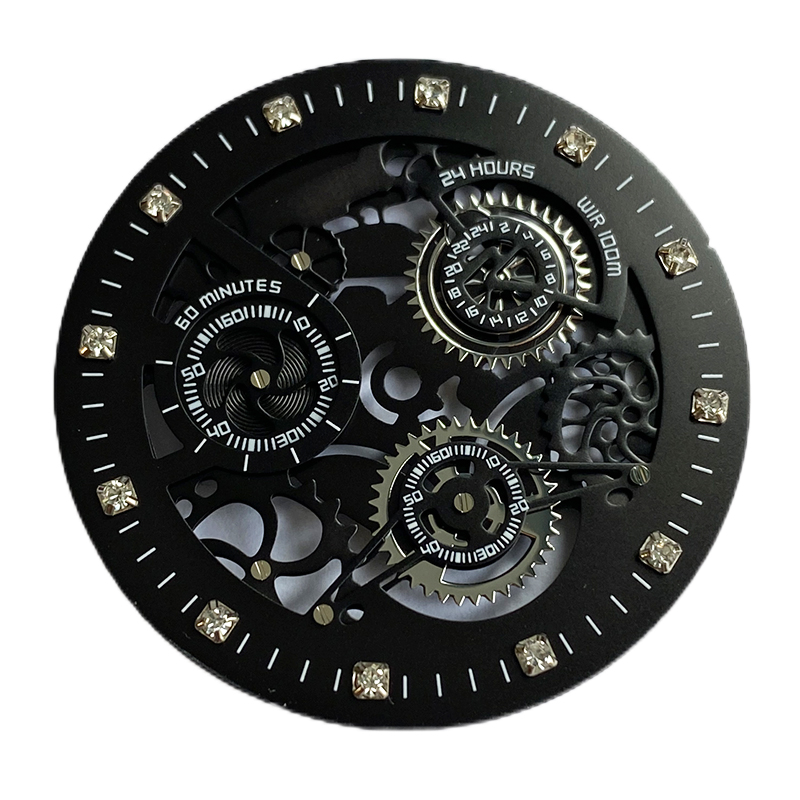 Custom skeleton watch dial with stone index