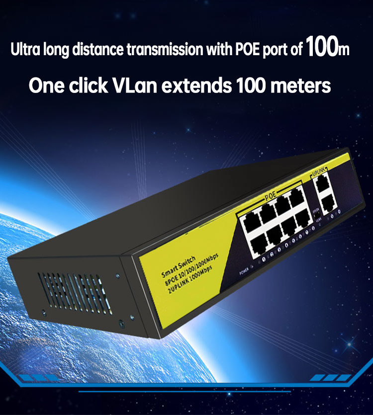 10Port POE Gigabit Switch 48V VLAN 10/100/1000Mbps 8 poe 1000M port+2uplink port Network Switch for CCTV IP Camera Wireless AP