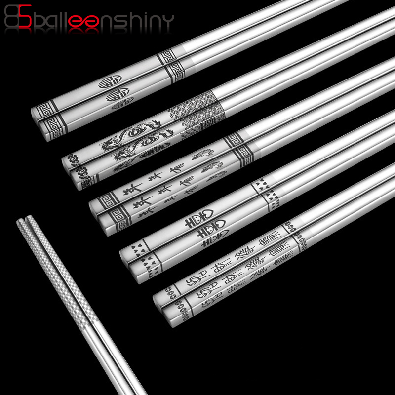 BalleenShiny 304 Stainless Steel Chopsticks Laser Engraving Food stick Sushi Hashi Metal Chinese Healthy Chopsticks Tableware