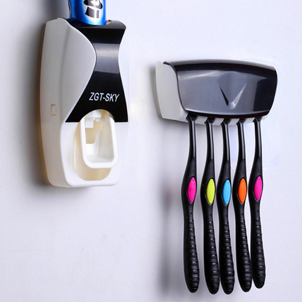 Automatic Smart Toothpaste Dispenser+5 Toothbrush Storage Organizer Holder Rack Set Wall Mount Stand Squeezer