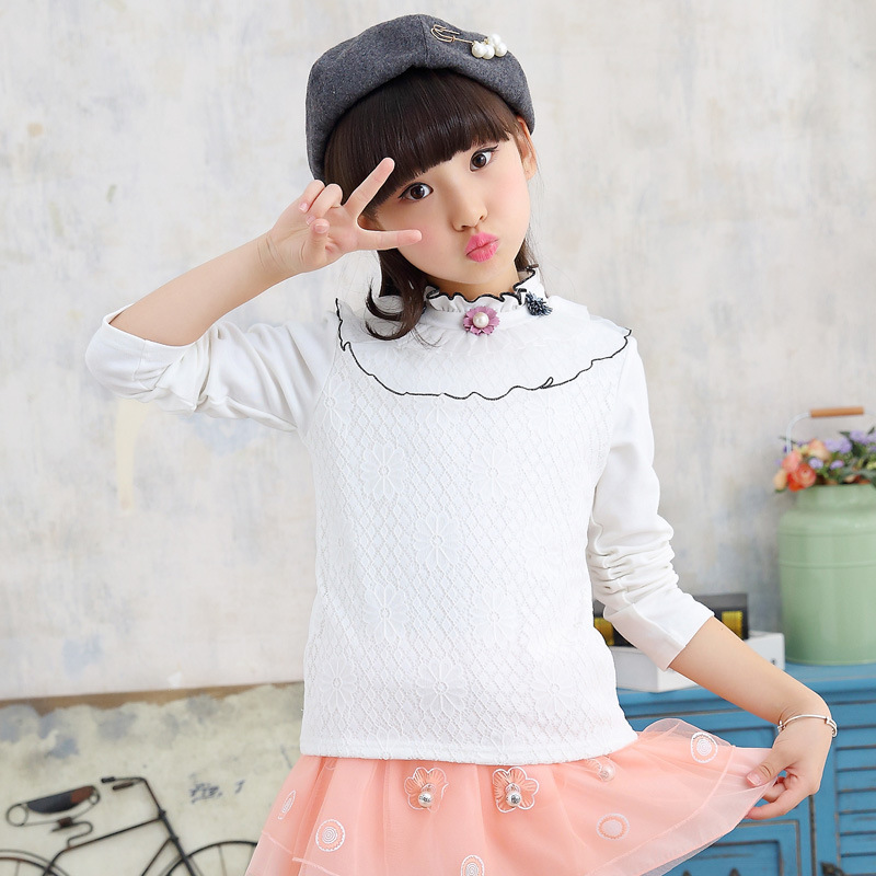 Autumn Winter Kids Clothes Girls Flower Blouse Shirt Warm Turtleneck Cotton Tops Tee Children Lace 2-13Yrs Girl School Clothing