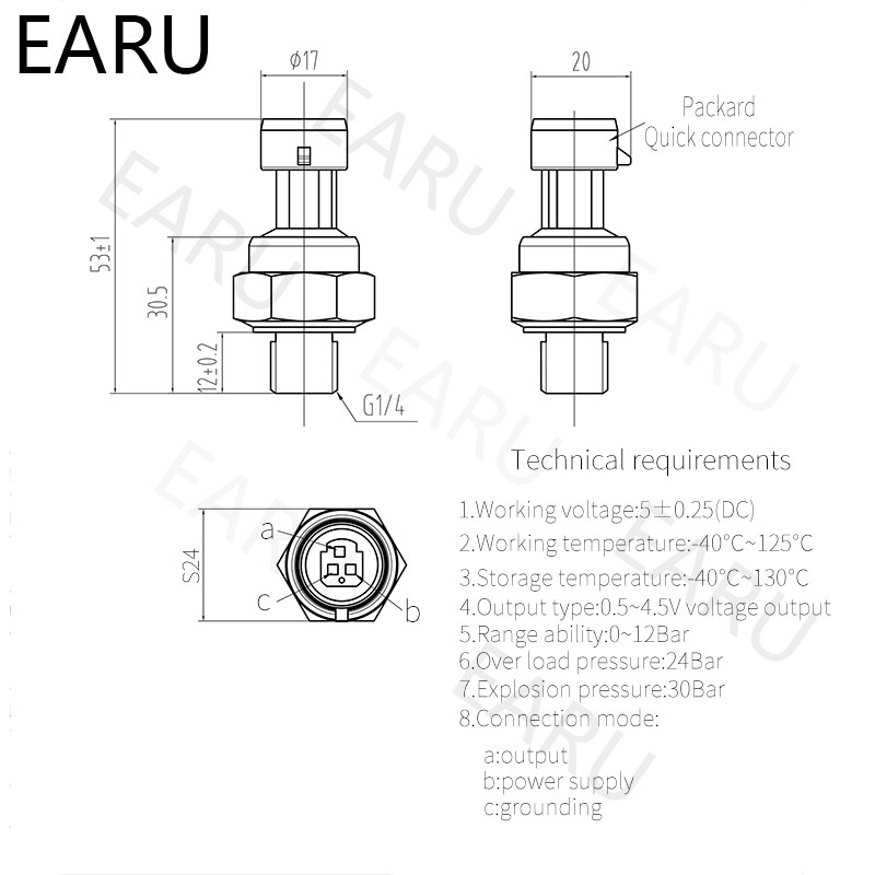 DC5V G1/4 Pressure Sensor Transmitter Pressure Transducer 1.2 MPa 174 PSI For Air Water Gas Oil Diesel Car Auto Stainless Steel