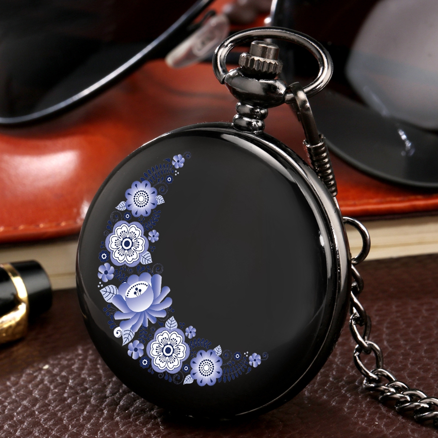 Moon Shaped Purple Flowers Pocket Watch Fashion Floral rattan Quartz Pocket Watch Jewelry Chain Clock Gifts for Men Women 2020