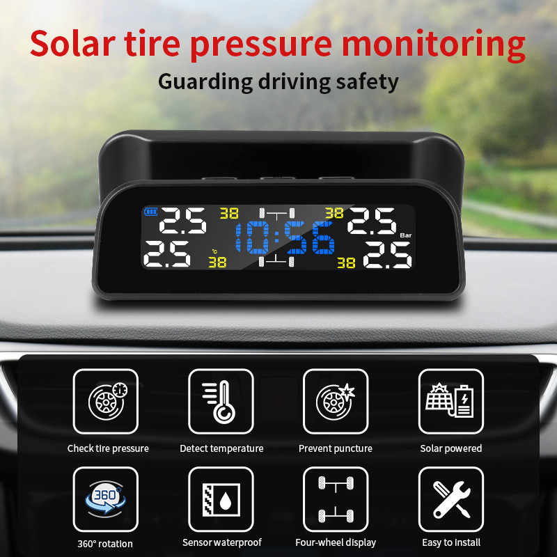 Develuck TPMS Car Tire Pressure Monitor System Automatic Brightness Control Solar Power Adjustable LCD screen Wireless 4 tire