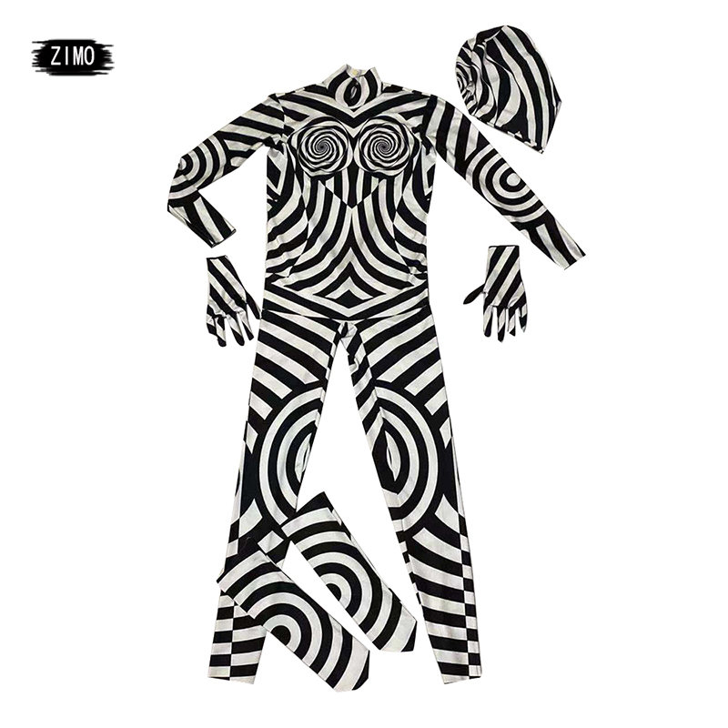 Bar Nightclub Hallowmas Carnival printed jumpsuit Womena Singer Pole Jazz Disco Dance Zebra Stripes Suit Stage Wear Performance