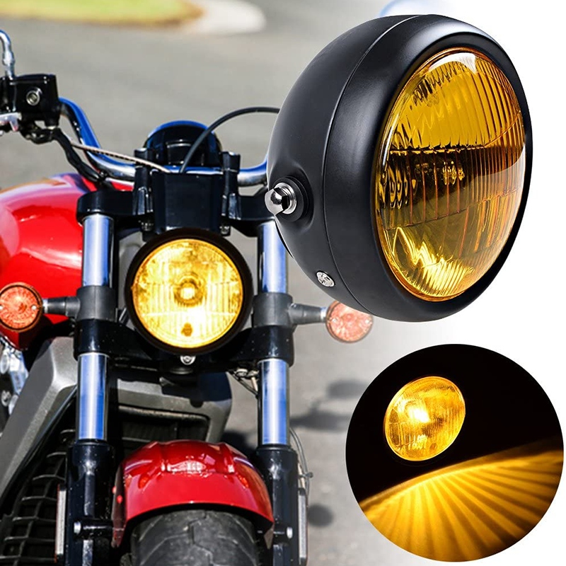 Retro Vintage Motorcycle Universal Side Mount 35W 6.5 inch Amber Headlight Café Racer with Grille + Bracket Kit