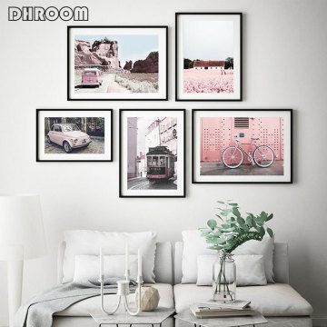 Travel Photography Pink Meadow Poster Toscana Landscape Bicycle Furla Tram Print Canvas Wall Art Painting Decoration Picture