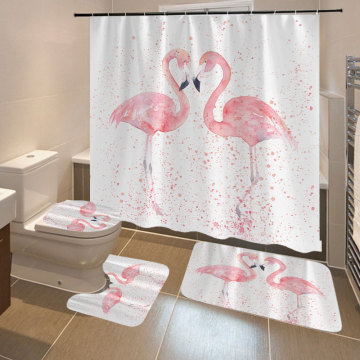 4pcs/set 3D Flamingo Waterproof Shower Curtain Set Mildew proof Non-slip 3pcs Toilet Cover Bath Mat Bathroom Decor with 12 Hooks