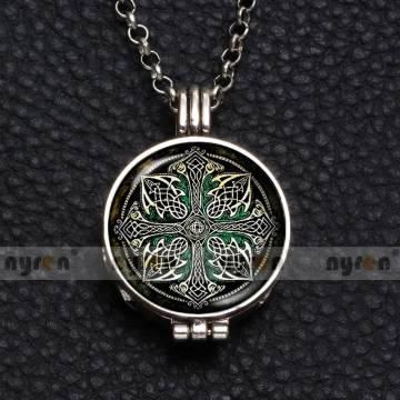 Holy Cross Multi Pattern Perfume Aroma Pendant Necklace With Foam 25mm Glass Charms Link Chain 62cm Length DZ1762