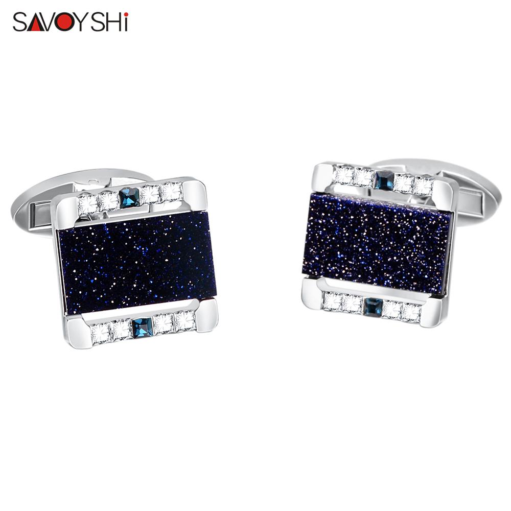 SAVOYSHI Luxury Blue Star Stone Cufflinks for Mens High Quality Crystals Silver plated Cuff links Wedding Gifts Free Custom Logo