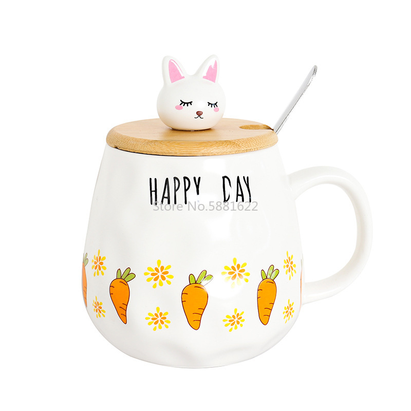 Cartoon Radish Rabbit with Lid and Spoon Ceramic Cup Men and Women Business Mug Water Cup Small Fresh Cup