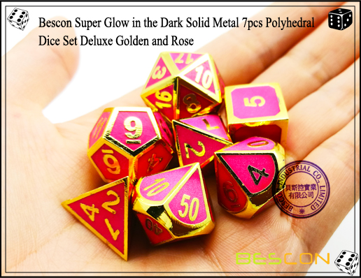 Bescon Super Glow in the Dark Solid Metal 7pcs Polyhedral Dice Set Deluxe Golden and Rose-5