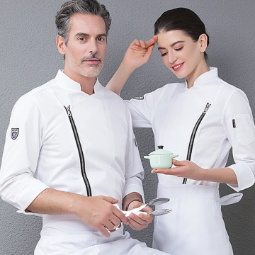 1 zipper stand up collar Chef Uniforms Men Women Food Services Cooking Clothes White Blackfor promotion
