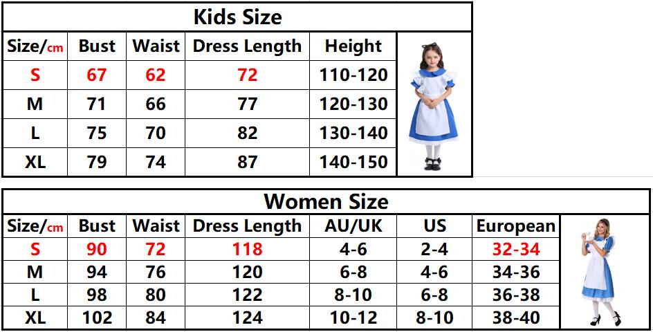 Alice in Wonderland Kids Girls Fancy Dress Maid Lolita Cosplay Costume Adult Women Halloween Party Fancy Dress Up Outfits Set