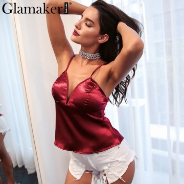 Glamaker Luxury satin sexy tank top Women clothes beach fitness summer top female v neck club party 2019 camisoles & tanks cami