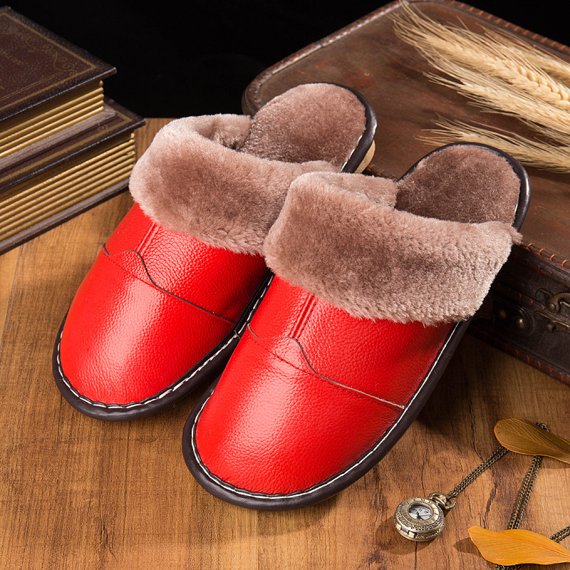 2020 Genuine Leather slippers shoes women Warm Winter Home Slippers Non-Slip Unisex women and men slippers plus size 45