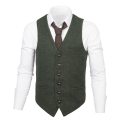 VOBOOM Men Waistcoat Suit Vest Male Herringbone Wool Blend Tweed Single-breasted Green Vests 007
