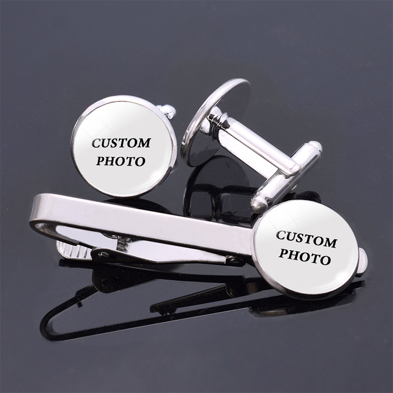 1 Set Custom Photo Logo Text Cufflinks and Tie Clip Set Glass Cabochon Alloy Cuff Links Men Silver Color Business Wedding Gift