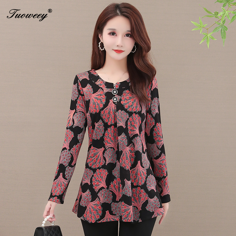 elegant plus size 5XL mom Women Spring Autumn Style flower Blouses Shirts Casual Long Sleeve floral Spliced Blusas Tops