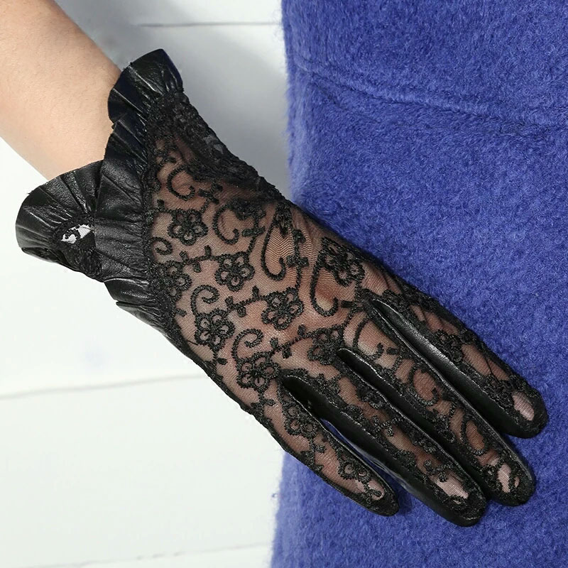 New Lady Luxury Elegant Genuine Leather Lace Gloves Women Summer Driving leather Gloves Mittens Ladies Party Gloves High Qultiy