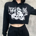 InsGoth Gothic Skull Print Black Cropped Hoodies Streetwear Punk Vintage Hooded Hoodies Women Halloween Long Sleeve Sweatshirt