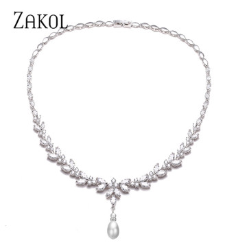 ZAKOL Luxury Exquisite Marquise Cut Cubic Zircon Leaf Adjustable Chain Necklaces For Women Fashion Bridal Wedding Party Jewelry