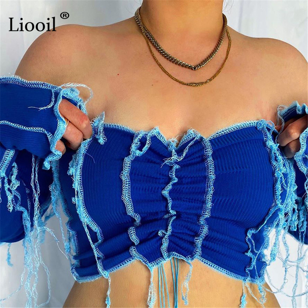 Liooil Patchwork Knitted Ribbed T Shirts Ruched Corset Tops Women Autumn Winter Off Shoulder Black Blue Sexy Short Tassel Tops