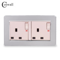 COSWALL Stainless Steel Panel 2 Gang 13A UK / British Standard Switched Socket With Neon Grounded With Children Protective Door