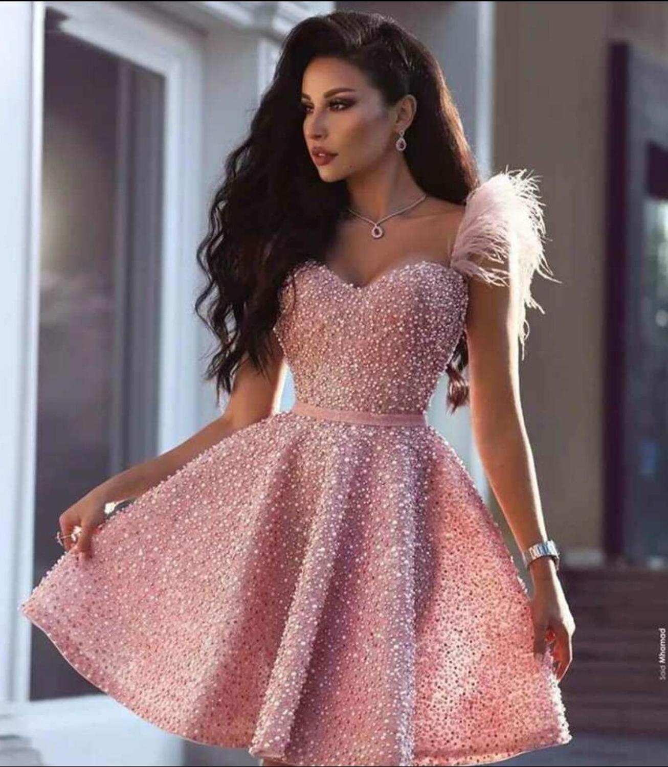 Pink Feathers Short Evening Prom Dresses 2020 Sweetheart Full Beads Pearls Mini Cocktail Dresses Formal Graduation Party Gowns