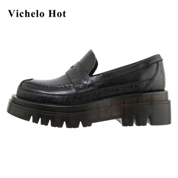 Vichelo Hot plus size leisure cow leather round toe thick bottom shoes women slip on convenient young lady daily wear pumps L27