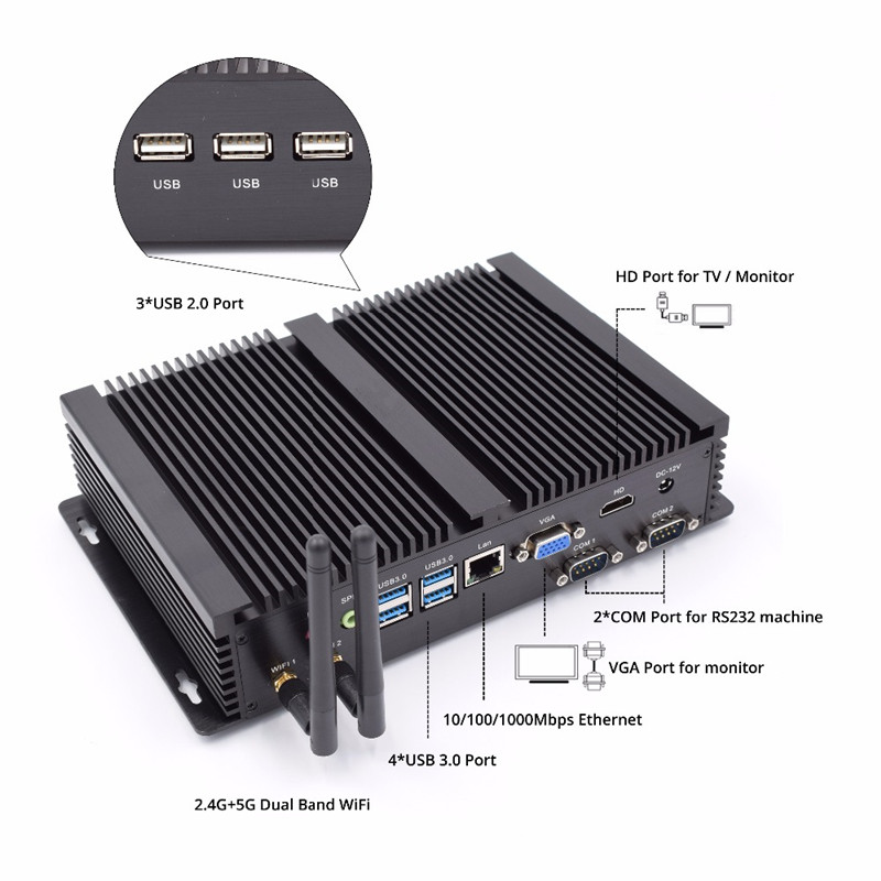 2018 Eglobal Fanless Mini Pc Industrial Computer i5 7200U 4K Ultra HD 3D Blu Ray Windows10 USB 3.0 Minipc Linux 2*RS232 Com