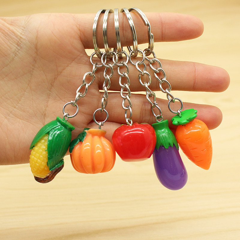 5PCS/Pack Mixed Fake Artificial Vegetables Key Chains Mini Corn Pumpkin Eggplant Plastic Resin Keychain Fashion Decor Crafts