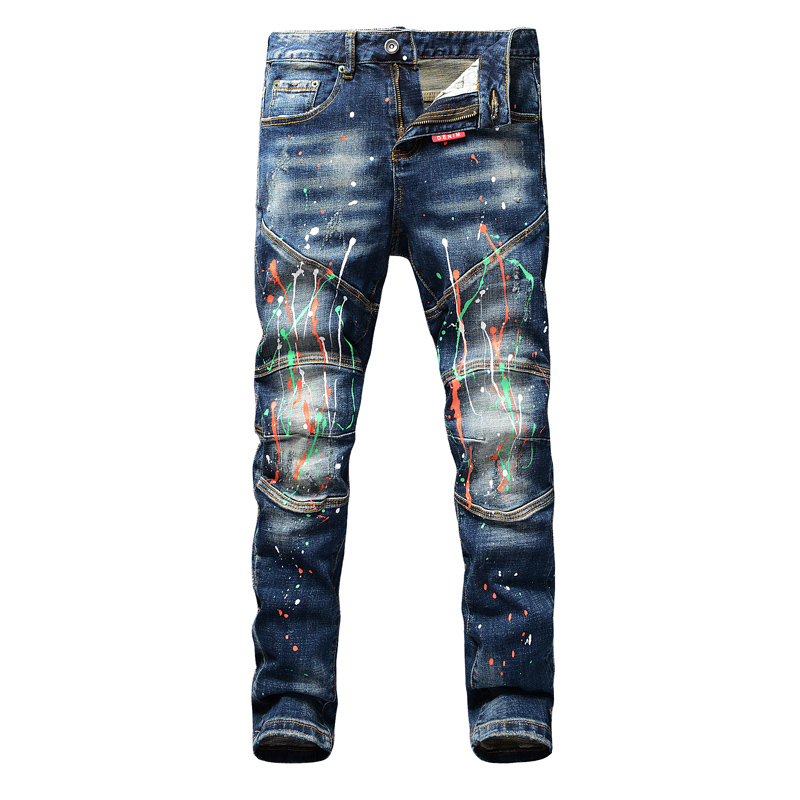 American Streetwear Fashion Men Jeans Retro Blue Washed Slim Fit Paint Designer Hip Hop Pants Spliced Elastic Biker Jeans Homme