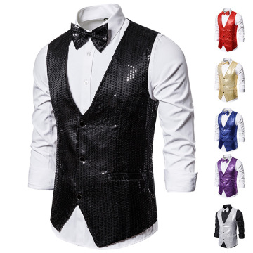 Mens Black Sequins Nightclub Vest with Bowtie Slim Fit Wedding Prom Waistcoat Men DJ Bar Stage Singer Vest Men Chaleco Hombre