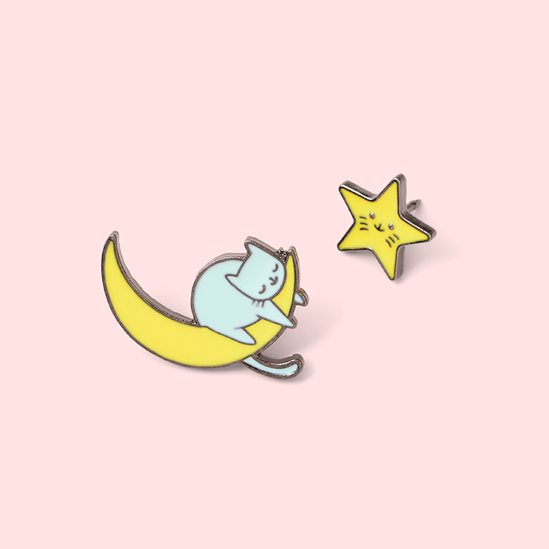Good Night Enamel Pins Custom Moon and Star Brooches Lapel Pin Shirt Bag Cute Animal Badge Fun Cat Jewelry Gift KidsFriends