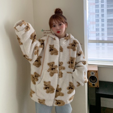 3 Colors New Autumn Harajuku Casual Women Jacket Kawaii Print Bear Hooded Coat Female Thick and Warm Student Jackets Mujer