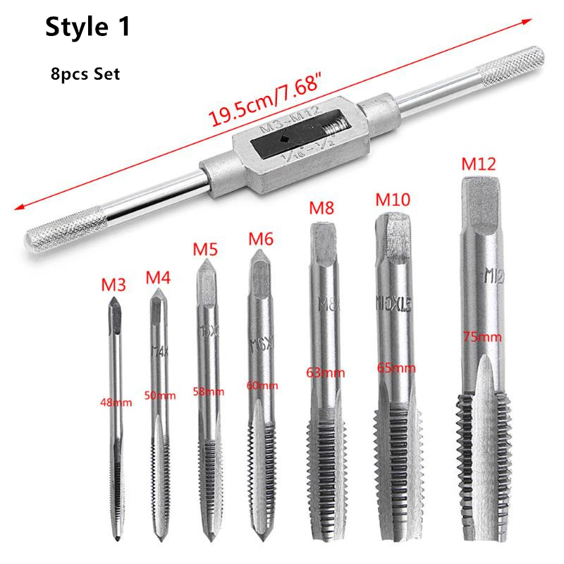 M3-M8/M12 6/8Pcs Hand Screw Thread Metric Plug Tap Set M3-M12 With Adjustable Wrench