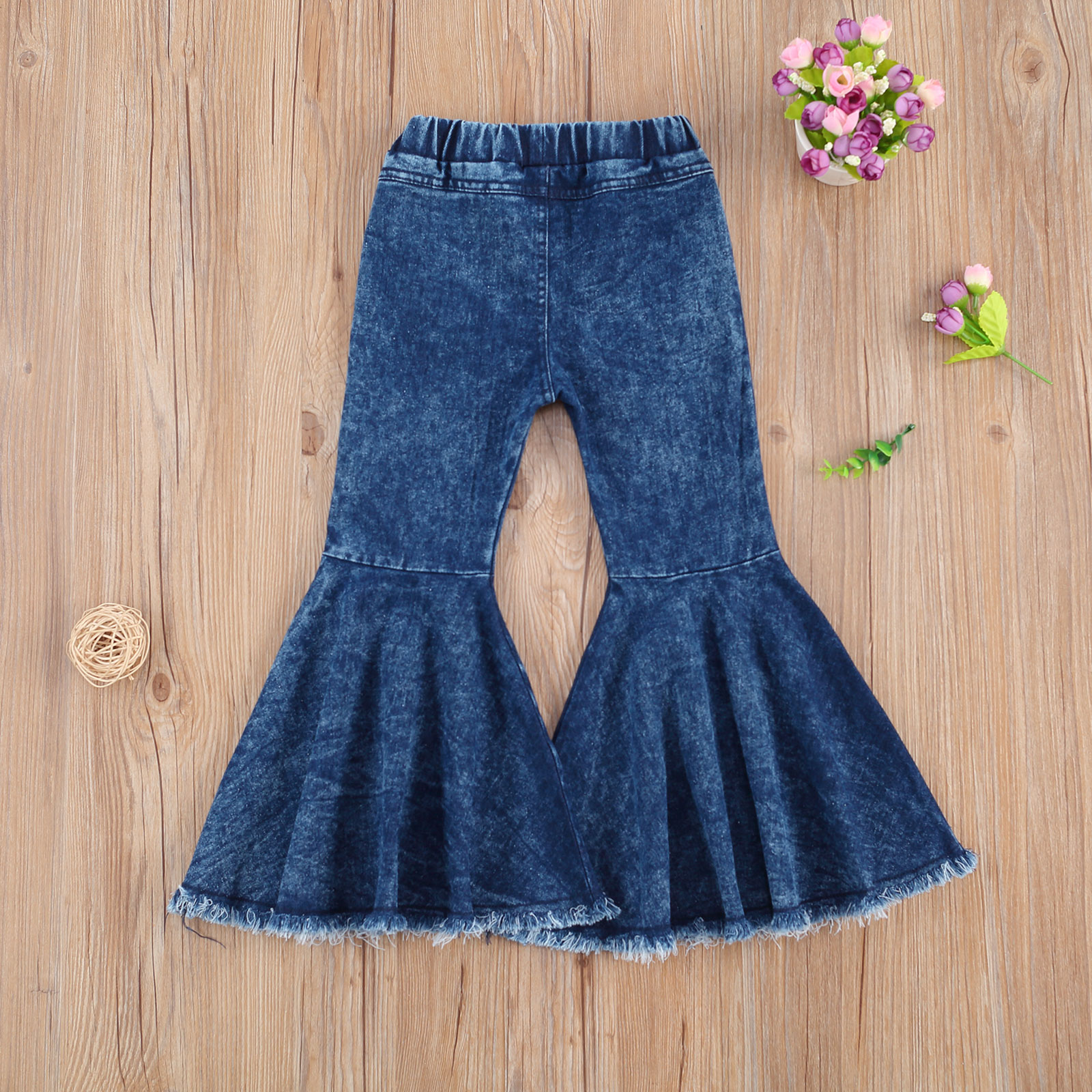2-7Y Toddler Kids Girls Jeans Pants Outfits Elastic High Waist Ripped Flare Trousers Pants