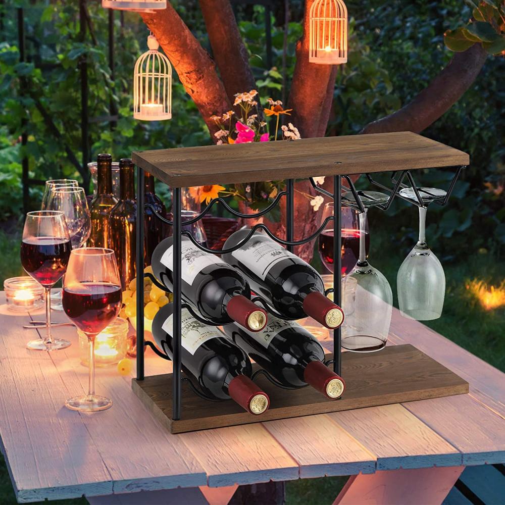 Wooden Wine Rack 6 Wine Bottles and 4-Glasses