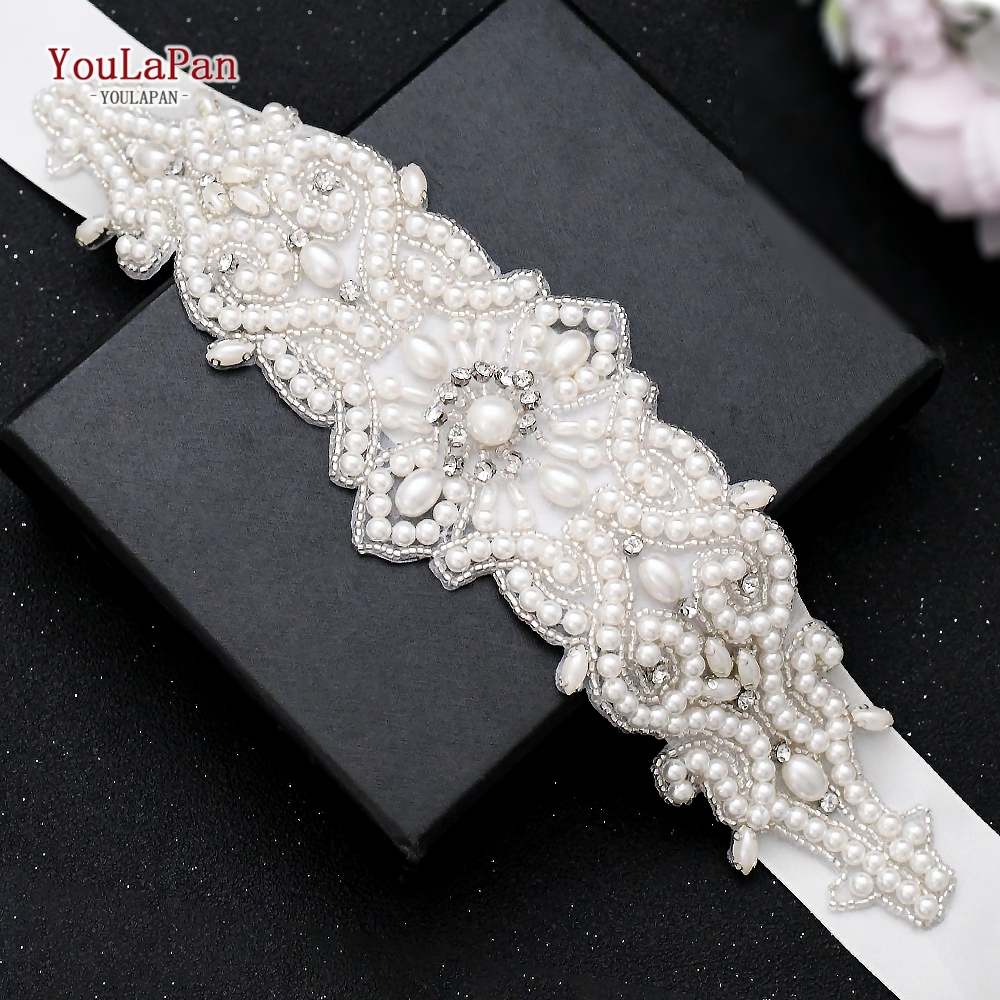 YouLaPan S26A Pearl Beaded Wedding Belt Embellished Waist Belt Skinny Bridal Belt Wedding Waistband Belt for Women Dress Belt