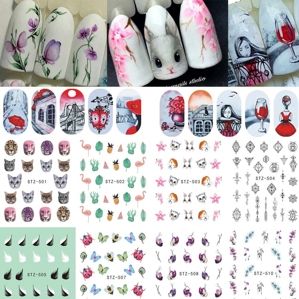 1 Sheet Water Nail Stickers Flower/Flamingo/Feather Nail Art Water Transfer Stickers Decals Tattoo Manicure Decor LASTZ501-512