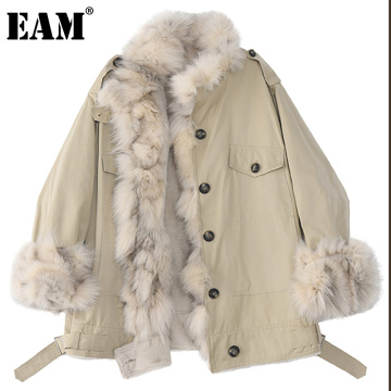 [EAM] Loose Big Size Fur Spliced Warm Thick Jacket New Stand Collar Long Sleeve Women Coat Fashion Autumn Winter 2021 1DD1394