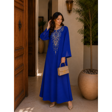 Royal Blue Embroidered Abaya Women Elegant Modest Dress