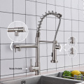 Uythner Brushed Nickle Basin Kitchen Faucet Pull Out Dual Spouts Spring Brass Kitchen Faucet Hot and Cold Mixer Tap Deck Mounted