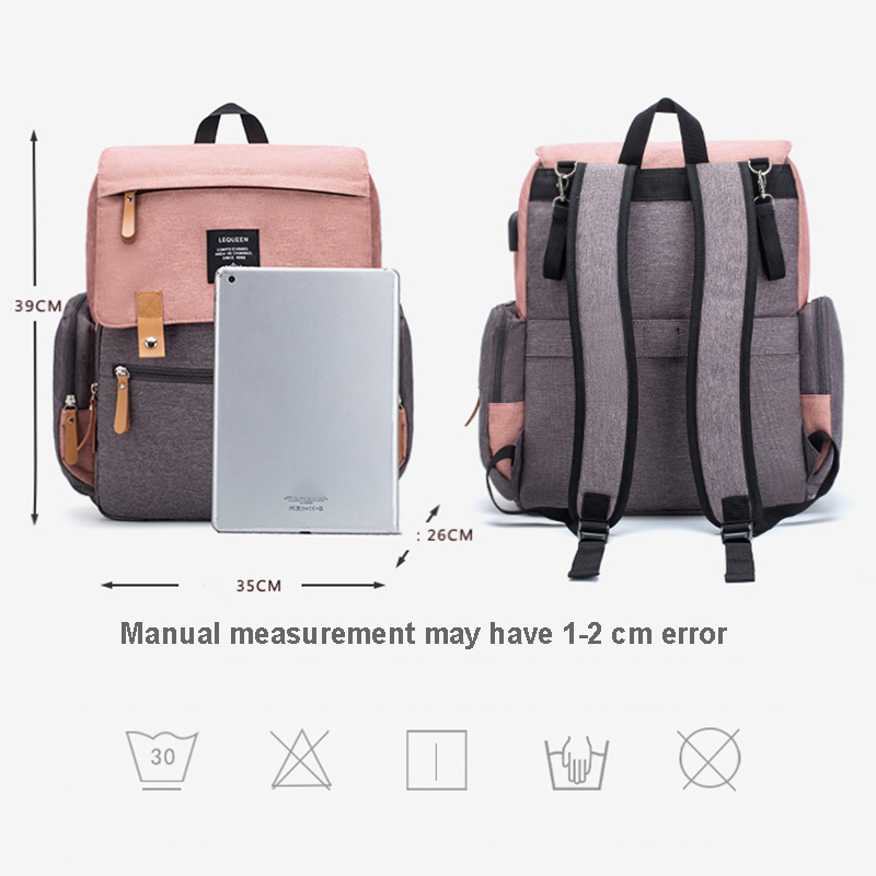 Lequeen Brand Diaper Bag Large Capacity USB Mummy Bag Travel Backpack Designer Nursing Bag for Baby Care